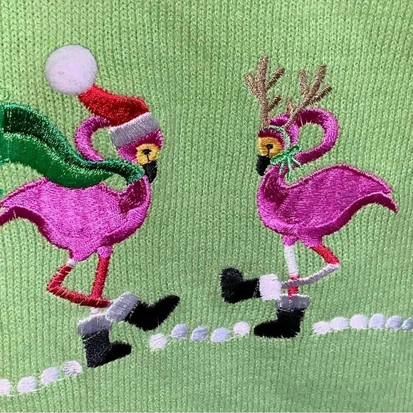 Crystal Kobe Light Green Christmas Cardigan Sweater Tropical Flamingo Size Large - Picture 6 of 9